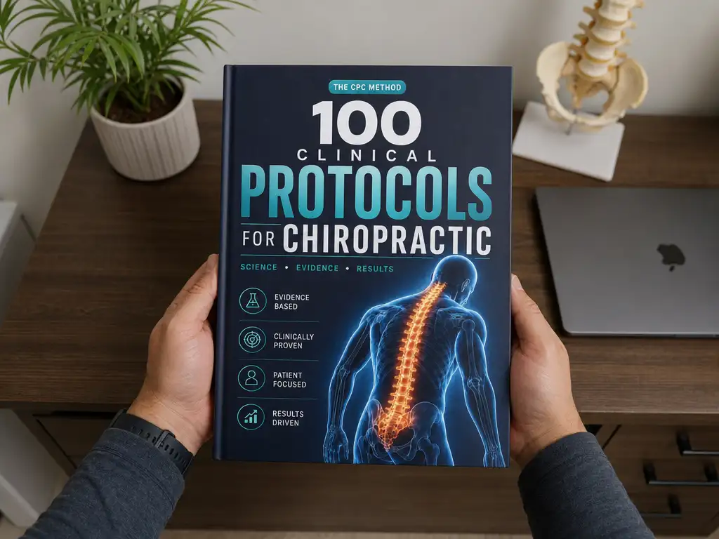 Practitioner holding the printed 100 Clinical Protocols for Chiropractic library