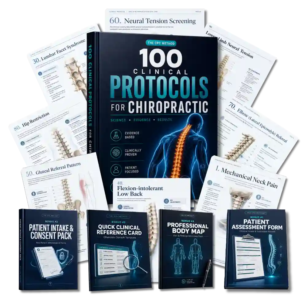 The complete 100 Clinical Protocols for Chiropractic library, with sample pages and all 4 bonus guides