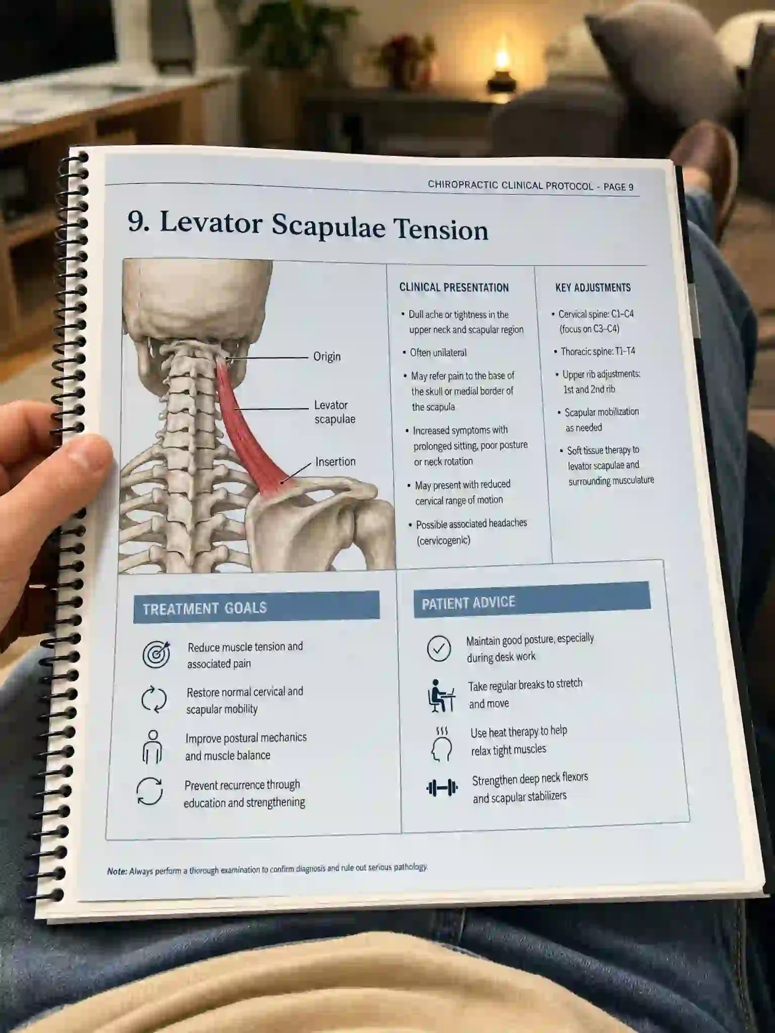 Practitioner reading the Levator Scapulae Tension protocol page at home
