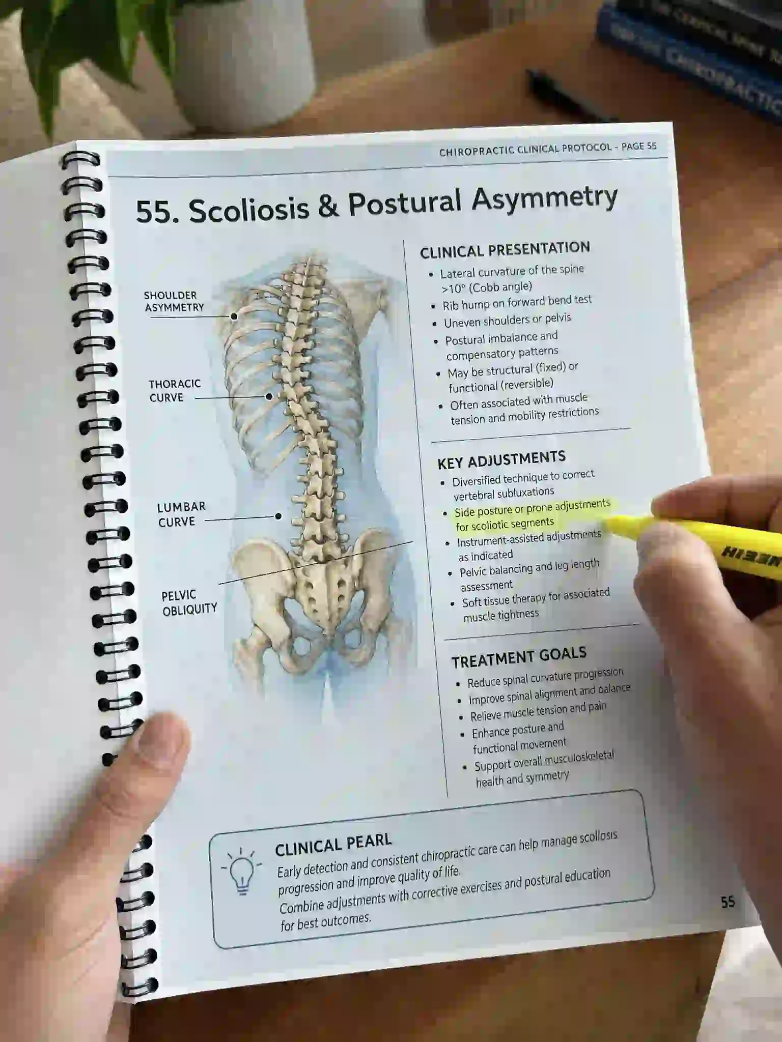 Practitioner highlighting the Scoliosis and Postural Asymmetry protocol page